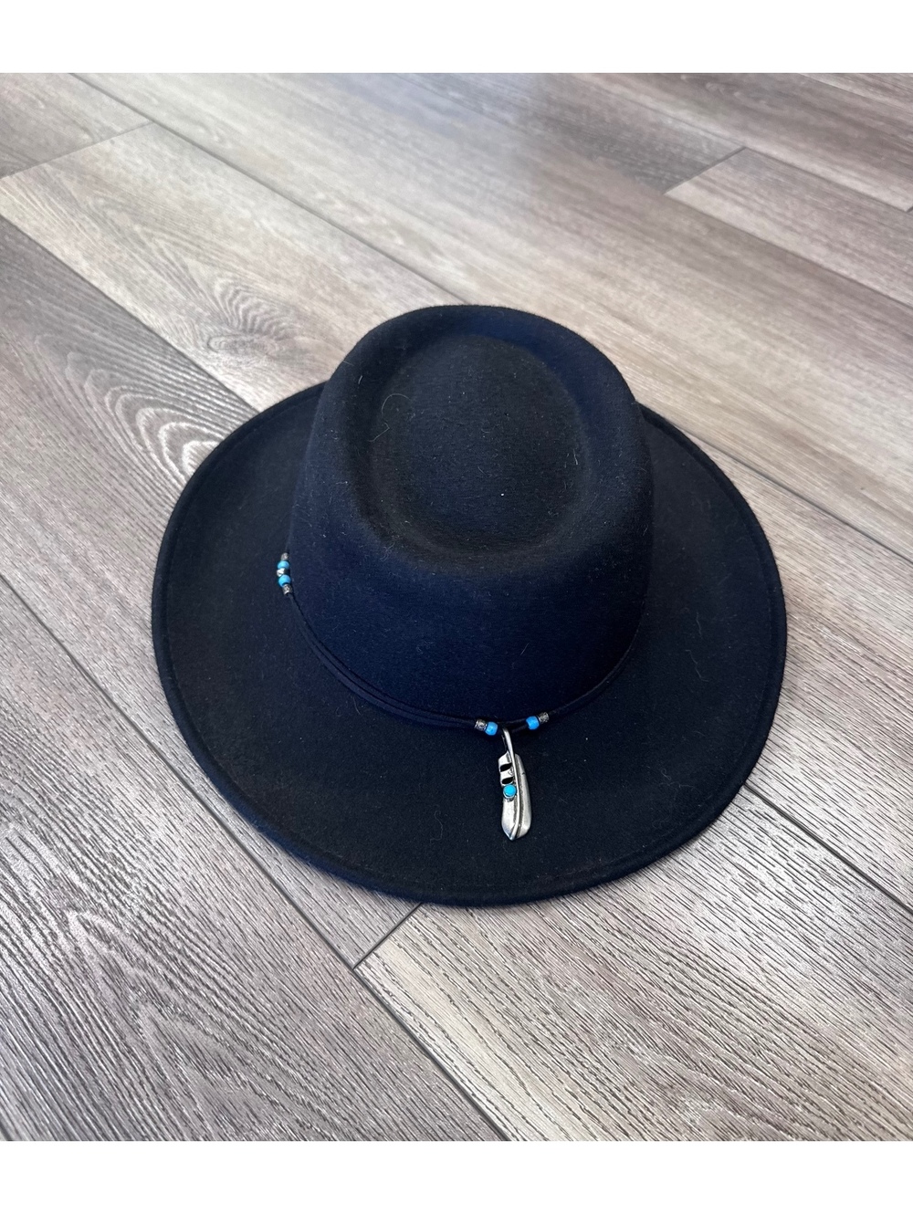 The Scala Collection Black Wool Felt Wide Brim Hat with Beaded Feather Accent